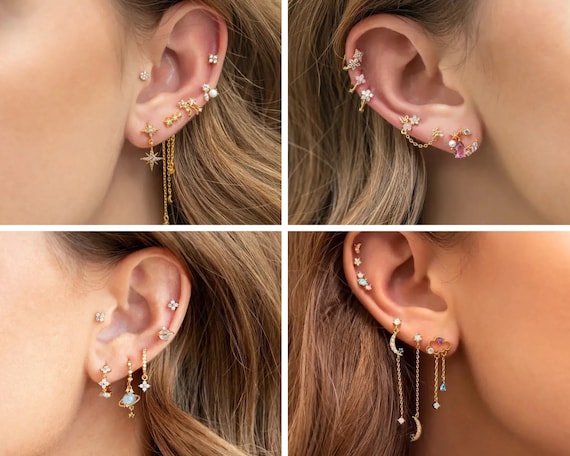 Piercing Earring Set, Gold Earring Set, Conch Piercing, Opal Earrings, Cartilage Piercing Not A Pair, Helix Earrings, Gift For Her