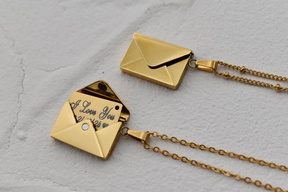 Gold Envelope Locket Necklace, Secret Message Personalized Necklace, Photo Necklace, Custom Necklace Gift For Mom