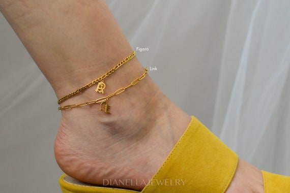 18K Gold Old English Letter Initial Pearl Daily Anklet, Personalized A C M Anklets, Dainty Anklet, Stainless Steel WATERPROOF Gift for Women