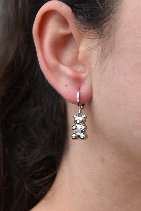 Silver Bear Earrings - Teddy Bear Earrings, Crystal Gem Charm Hoop Animal Earrings, Sterling Silver Dangle Hoop Earrings Best Gift For Her