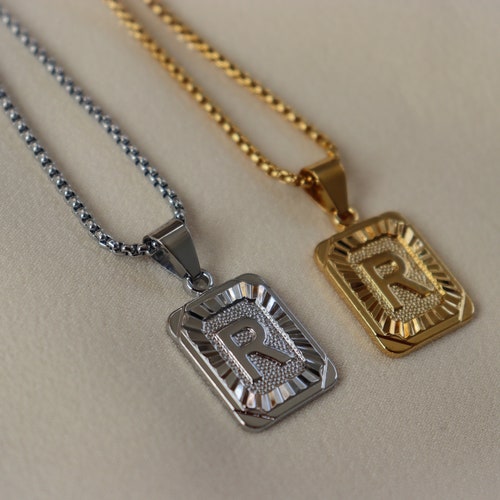Silver Initial Letter Necklace Medal Initial Letter Pendant Etsy