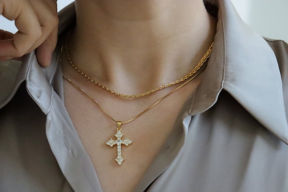 Gold Cross Necklace, Gold Dainty Religious Cross Women Kids Necklace Gold Chain Necklace Pray Church Handmade Believe Pendant Christmas Gift