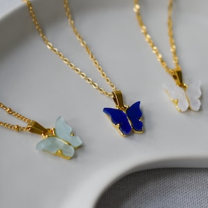 Gold Butterfly Chain Necklace, Gold Filled Butterfly Chain Necklace, Blue Sapphire White Charm Birthday Girl Gift Choker Handmade WATERPROOF