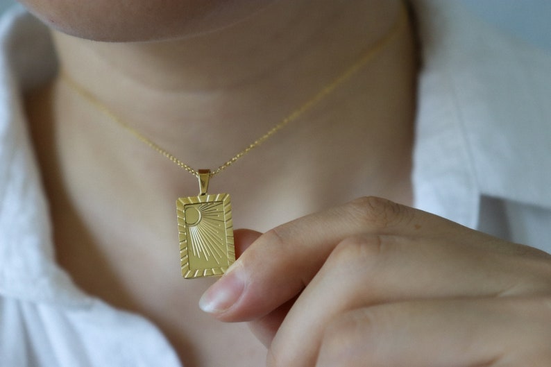 18K GOLD FILLED Sun Moon Square Rectangle Pendant Necklace, WATERPROOF Gold Filled Necklace Anti Tarnish Jewelry Gold Handmade Gift for Her image 5