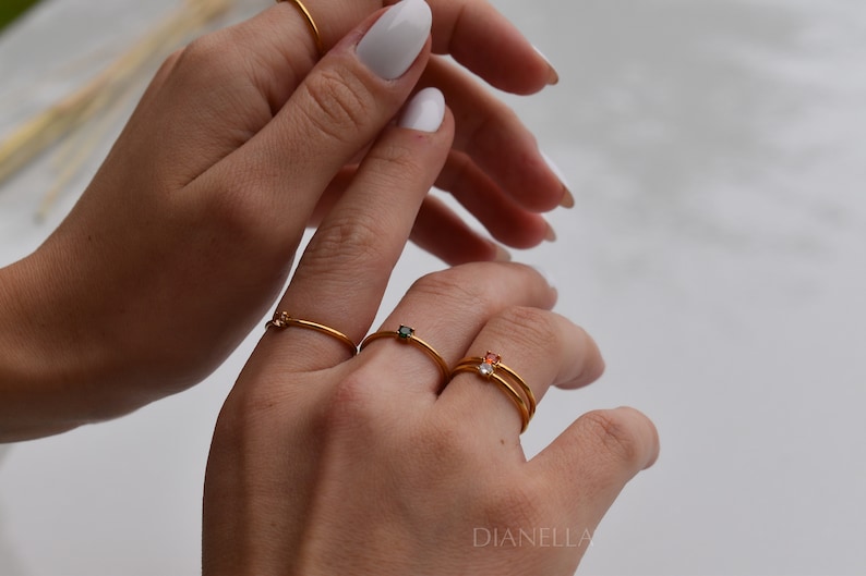 Gold Filled Birthstone Rings, Stacking Ring, Small Minimalist Ring, Zodiac Birthstone Jewelry Brilliant Stone Women Gift for Her WATERPROOF image 5