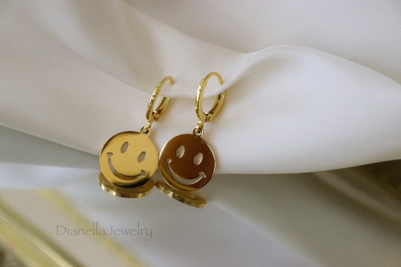 Gold Smiley EARRINGS · Emoji Pendant Happy Face Necklace Smiley Hoop Earrings Gold Charm Jewelry Dainty Chain Women SET WATERPROOF Gold Gift