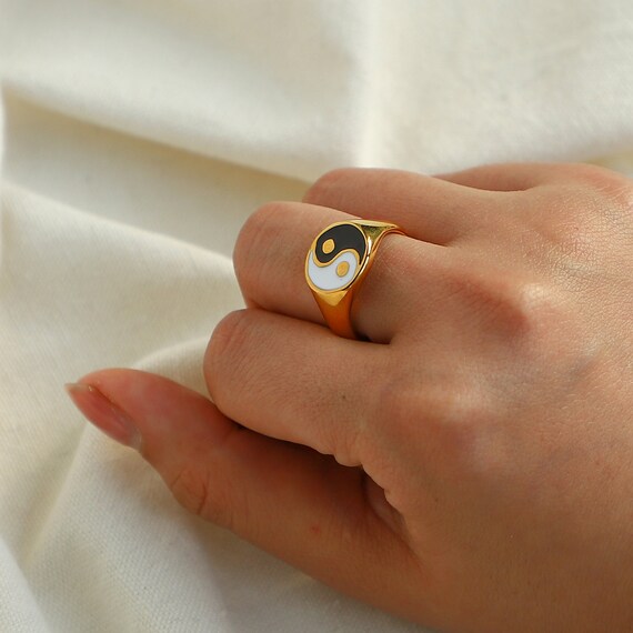 18K Black White Resin Gold Filled Yin Yang Ring Colorful Feng Shui Set Anxiety Evil Eye Statement Custom Gold Initial Inside Engraving Ring