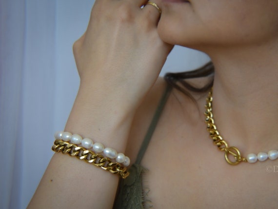 Gold Bracelet Set · Pearl Bracelet · Curb Chain Link Bracelet · Freshwater Pearl Love Couples Women Waterproof Her Summer Beach Jewelry Gift