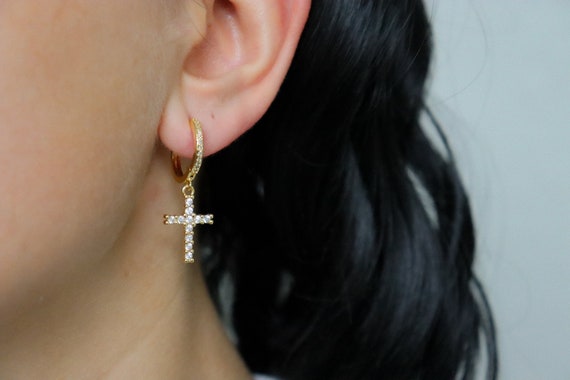 Gold Cross Shape Hoop Earrings · Dangle CZ Chic Dainty Gold Hoops with Cross Faith Charm Huggie Earring Handmade Gift for Her Daily Earrings