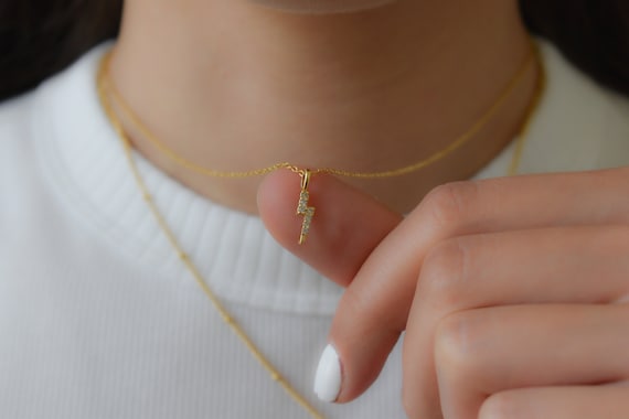 Gold FILLED Lightning Bolt Charm Pendant Women Necklace Thin Gold Lightning Thunder Shape Crystal Zircon Herringbone Waterproof Non Tarnish