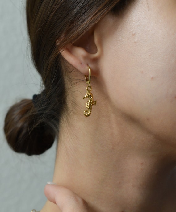 Gold Filled Seahorse Earrings · Seahorse Dangle Earrings, Horse Animal Charm Charm Earrings Handmade Personalized WATERPROOF Beach Jewelry