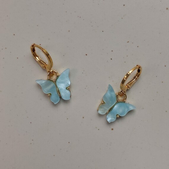 Gold Sky Light Blue Colorful Butterfly Wing Earrings Huggies Hoop Minimalist Women Earrings Zircon Handmade Daily Wear Gift for Her Women