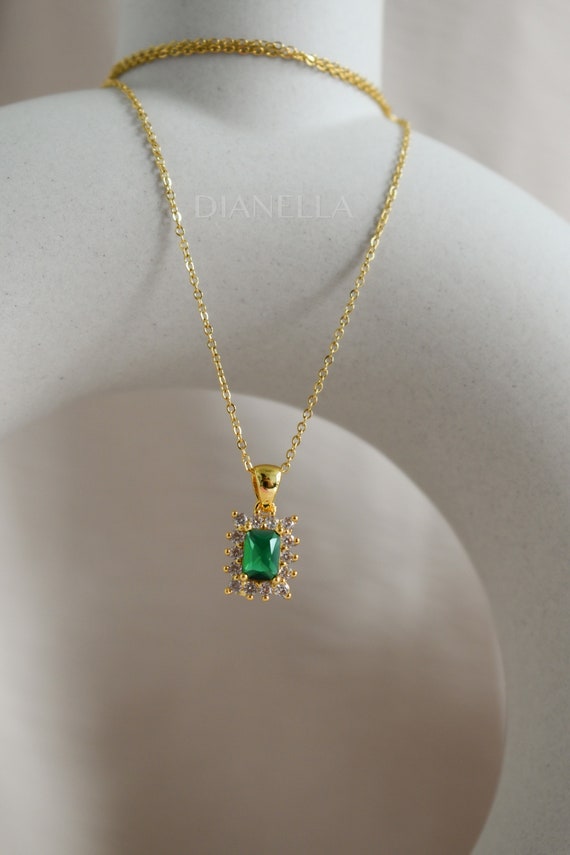 Gold Emerald Necklace, Ruby Champagne, Crystal Cubic Zircon Diamond Necklace, Waterproof Necklace Non Tarnish Minimalist Best Gift for Her