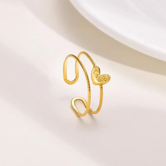 Gold Filled Girl Heart Minimalist Adjustable Ring • Statement Double Band Ring • Thin Girly Gift Women Solid Ring • Heart Love  Gift for Her