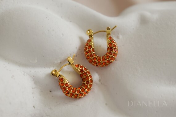 Gold Filled Hoop Earrings · Orange Coral Zircon Emerald Earrings · Huggie Colorful Summer Earrings, WATERPROOF Crystal Women Handmade Gifts
