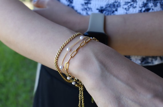 Gold Filled Chain Bracelet, Pearl Bracelet, Minimalist Bracelet, Chain Bracelet,  Herringbone Snake Bead Chain WATERPROOF Women Her Set Gift