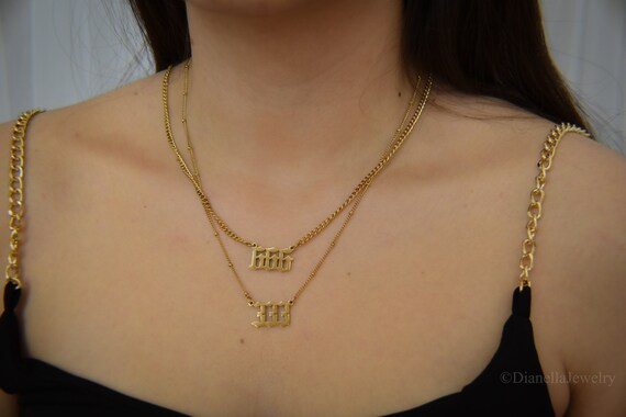 Gold Angel Number Necklace, Lucky Numbers Necklace Gold Charm Pendant Personalized Gift Jewelry 111 222 333 444 555 666 777 888 999 For Her