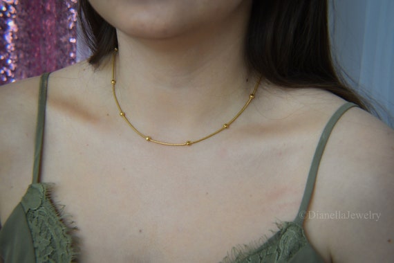 Gold Filled Dainty Beaded Chain Choker Necklaces Beaded Choker, Gold Beaded Choker, WATERPROOF Satellite Chain Choker Modern Women Jewelry