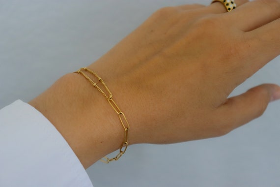 18K Gold Bracelet Link Bead Bracelet, Waterproof Jewelry Bracelet Gold Gift Jewelry Beaded Chain STAINLESS STEEL WATERPROOF Bracelet