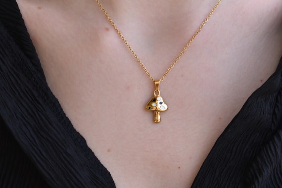 Gold Filled Mushroom Necklace · Mushroom Shaped Black and White Dotted Necklace · Gold Chain Necklaces WATERPROOF Everyday Jewelry Her Gift