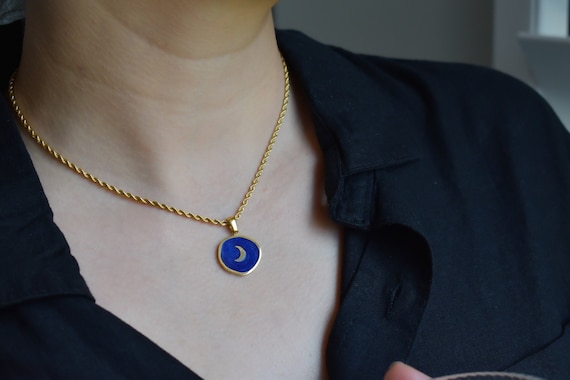 Blue Moon Coin Necklace · Gold Dark Sky Moon Resin Background Star Gold Filled Chain Jewelry · Handmade Personalized Christmas Gift For Her