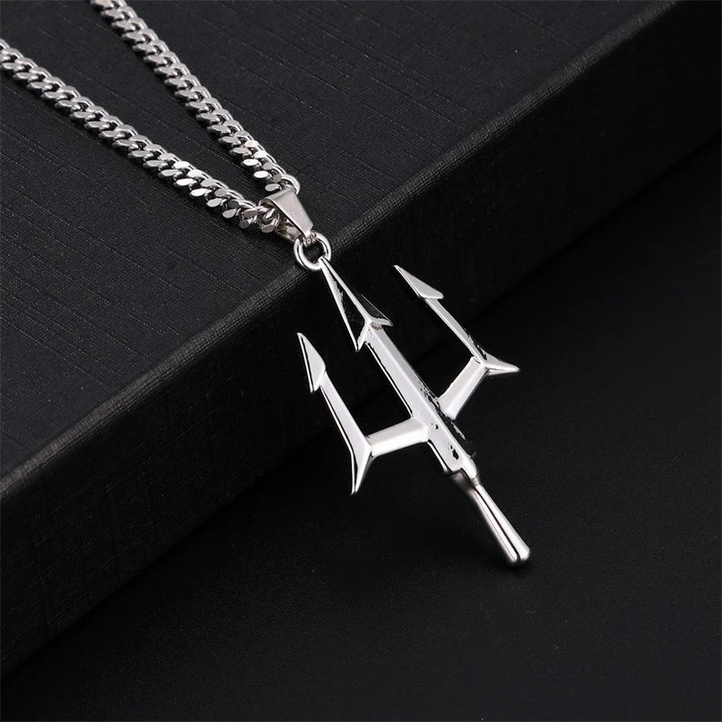 Trident Pitchfork Silver Chain Necklace Poseidon's Trident Pendant Necklace Silver Chain Men Women Gift for Him Man Dad WATERPROOF Jewelry image 1