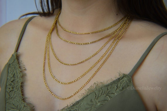 18K GOLD Figaro Chain Necklace, Figaro Bracelet Chain Choker Gold Bracelet Gold Anklet Anti Tarnish Stainless Steel Chain Necklace