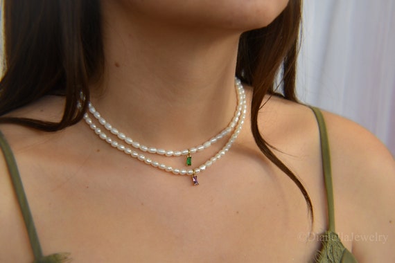 Pearl Choker Necklace, Women Freshwater Pearl Necklace with Zircon Green Stone Pendant Gold Chain Necklace · Handmade Best Gift For Her Girl