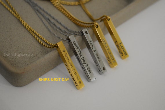 Personalized Vertical Bar Pendant Jewelry • Birthday Anniversary Relationship Love Pet Cat Dog Motto Motivate • Handmade Necklace WATERPROOF