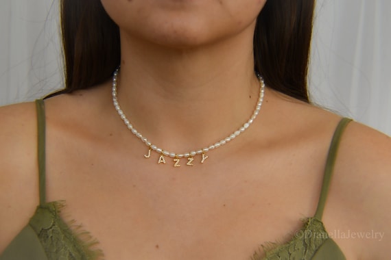 18K Gold Initial Letter Necklace Pearl Choker Name Necklace Freshwater Pearl Necklace, Initial Pendant Gold Chain Necklace Gift For Her