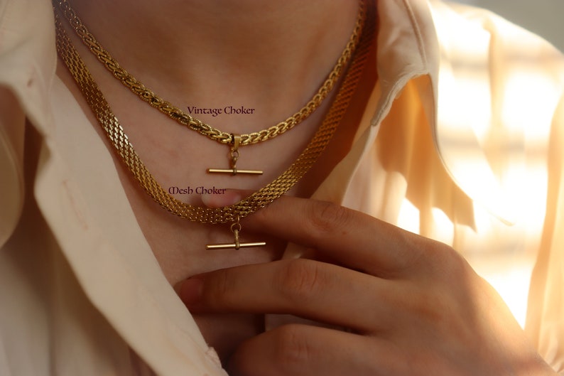 18K GOLD FILLED Vintage Choker Necklace Women Mesh Choker T Bar Charm WATERPROOF Gold Gift Jewelry Non Tarnish Gemstone Zircon Necklace image 6