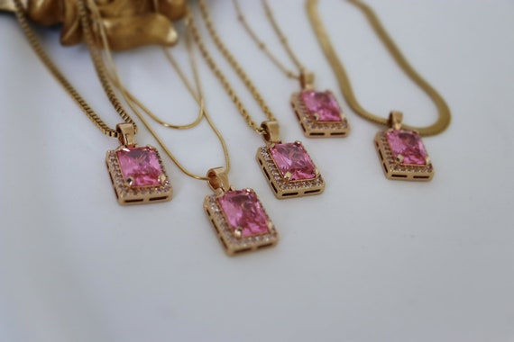 18K Gold Pink Square Pendant European And American Pink Zircon Diamond WATERPROOF Jewelry Stainless Steel Waterproof Necklace Gold Gift