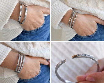 Silver Bangle Bracelet, Cuff Bracelet, Crystal Zircon Diamond Bracelet, Couples Friendship Cuff Bracelet, Solid Tarnish Free Women Jewelry