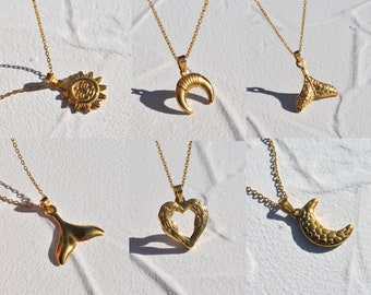 GOLD FILLED Sun Necklace, Moon, Star, Heart Necklace, Gold Fish Tail Pendant Necklace, Croissant Necklace WATERPROOF