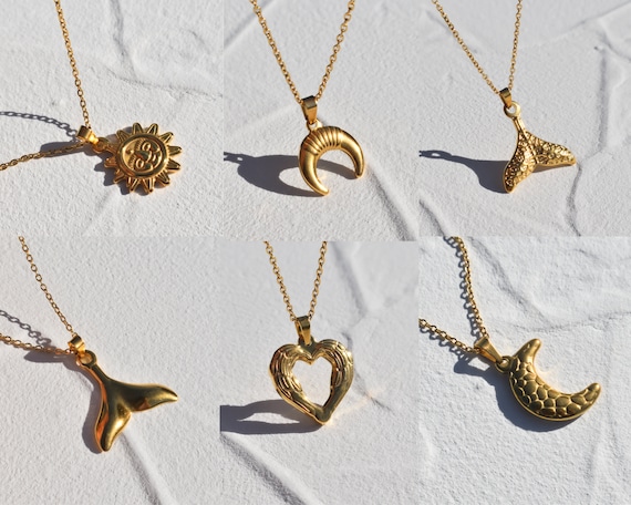 GOLD FILLED Sun Necklace, Moon, Star, Heart Necklace, Gold Fish Tail Pendant Necklace, Croissant Necklace WATERPROOF