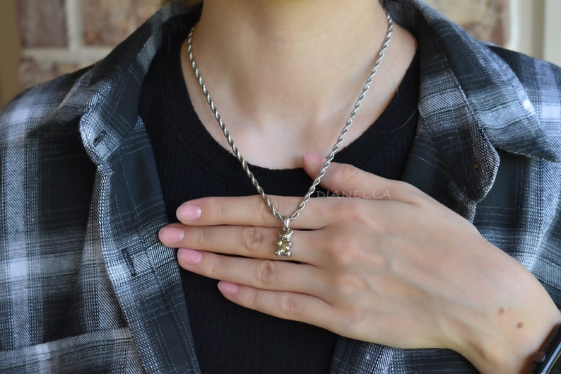 Silver Bear Necklace, Teddy Bear Charm Pendant, Crystal Bear Animal Necklace, Silver Chain Necklace, WATERPROOF Jewelry Gift for Her Him image 1