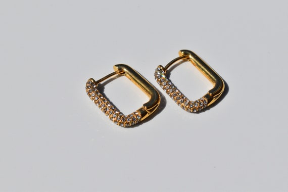 Gold Filled Oblong Earrings, Square Hoops, Rectangular Earrings, Gold Huggie Earrings, Pave Hoop Earrings WATERPROOF Earrings
