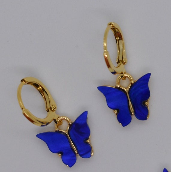 Gold Blue Butterfly Hoops, Sapphire Butterfly Earrings, Butterfly Unique Dark Blue Lover Butterfly Wings Hoop Earrings Emerald Insect Bug