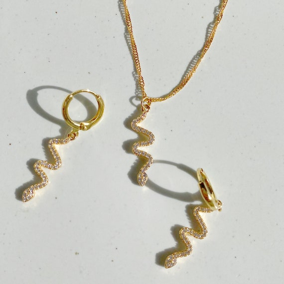 Gold FILLED Snake Lightning Necklace Earrings CZ Zircon Crystal Gold Chain SET Waterproof Minimalist Jewelry Dainty Jewelry Gift Women Girl