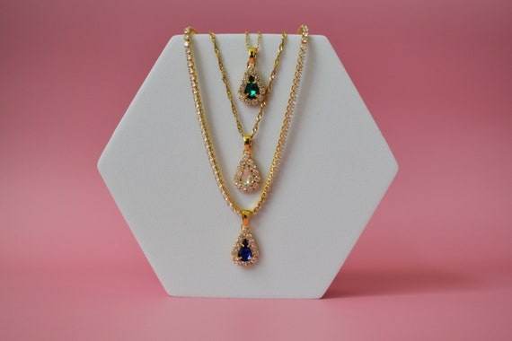 Gold Filled Crystal Necklace, Drop Diamond Neckalce, Royal Necklace, WATERPROOF • Anniversary Gift • Emerald • Ruby • Sapphire • Topaz •