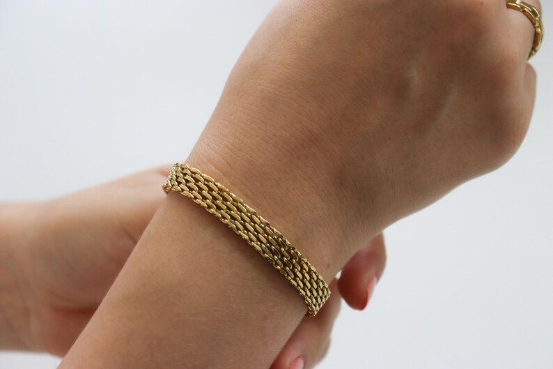 18K Gold Vintage Retro Mesh Bracelet Stainless Steel Chain Bracelet WATERPROOF Jewelry Bracelet Herringbone Chain Women Men Gold Gift 