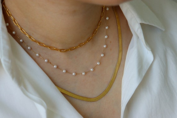 18K Gold Pearl Beads Chain Necklaces, Stainless Steel Pearly Necklace, WATERPROOF Necklace, Gold Pearl Beaded Chain Jewelry Gifts