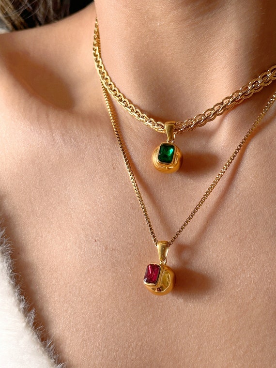 Gold Filled Ball Necklace · Zircon Ball Stone Necklace, Vintage Choker, Emerald Ruby Charm Crystal Unique WATERPROOF Modern Her Jewelry Gift