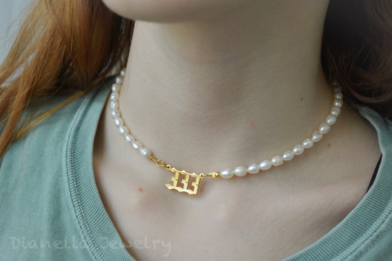 Gold Angel Number Necklace, Lucky Numbers Necklace Pearl Necklace Gold Charm Pendant Personalized Gift 111 222 333 444 555 666 777 888 999