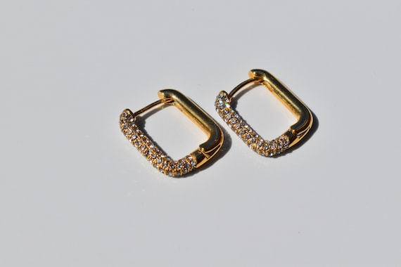 Gold Filled Oblong Earrings, Square Hoops, Rectangular Earrings, Gold Huggie Earrings, Pave Hoop Earrings WATERPROOF Handmade Women Earrings