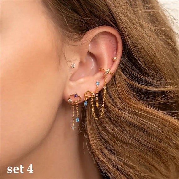 Gold Piercing Earring, Gold Earrings Set, Moon Shining Star Conch Rook Piercing, Cartilage Piercing Stunning Jewelry Bridesmaid Jewelry Gift