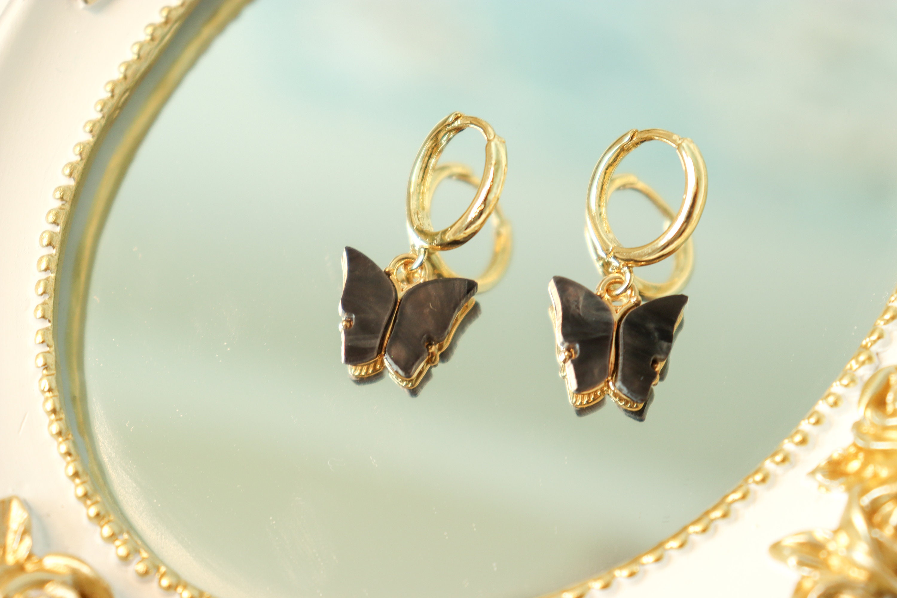 18k Gold Black Butterfly Hoop Black Butterfly Earrings, Huggies