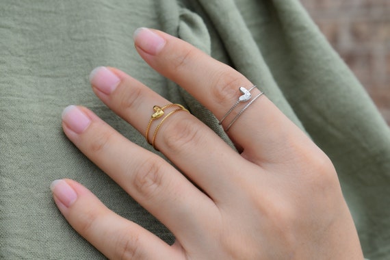 Gold Filled · Silver Girl Minimalist Adjustable Ring • Heart Love Double Band Ring • Best Birthday Gift Silver Solid Ring • Her Heart Love