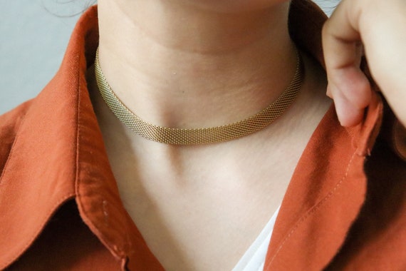 18K Gold Vintage Choker Herringbone Necklace, Mesh Choker Necklace Women, Stainless Steel Waterproof Jewelry
