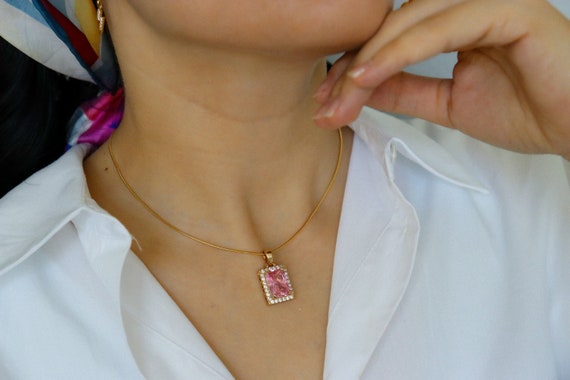 18K Gold Pink Square Pendant Vintage Pink Green White Clear Zircon WATERPROOF Jewelry Waterproof Necklace Herringbone Necklace Gold Gift